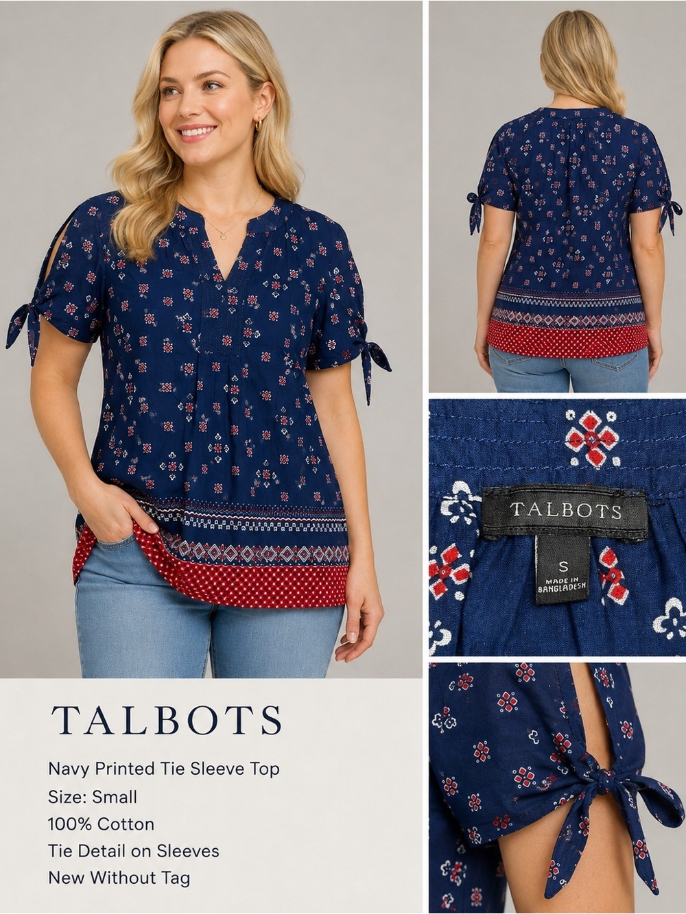 Talbots Navy Floral Border Print Tie Sleeve Cotton Blouse Size Small NWOT